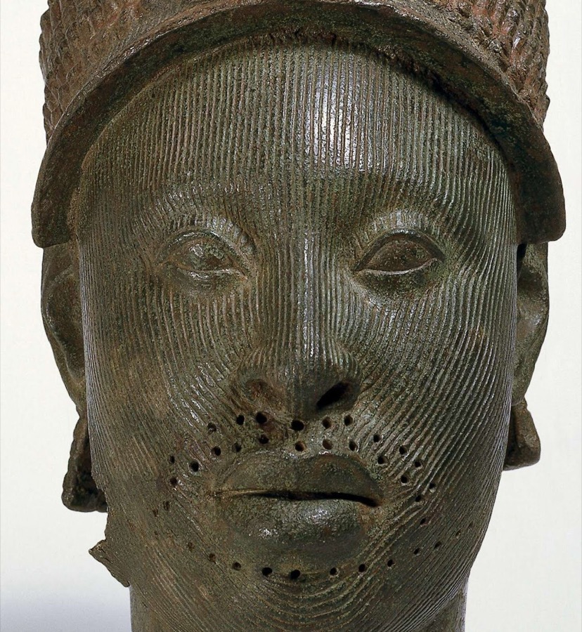 Crowned head from Ife with elaborate beaded crown and striated facial markings, copper alloy, 14th-15th century
